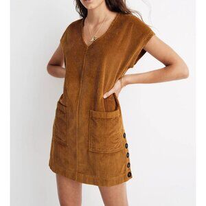 Madewell Corduroy Side-Button Shift Dress V-Neck Medium Antique Gold Casual Styl